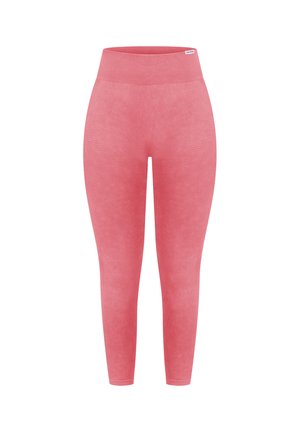 Leggings rosa de talle alto hechos de un tejido elástico y suave. Presentan un diseño elegante con banda ribeteada en la cintura y sin costuras visibles.