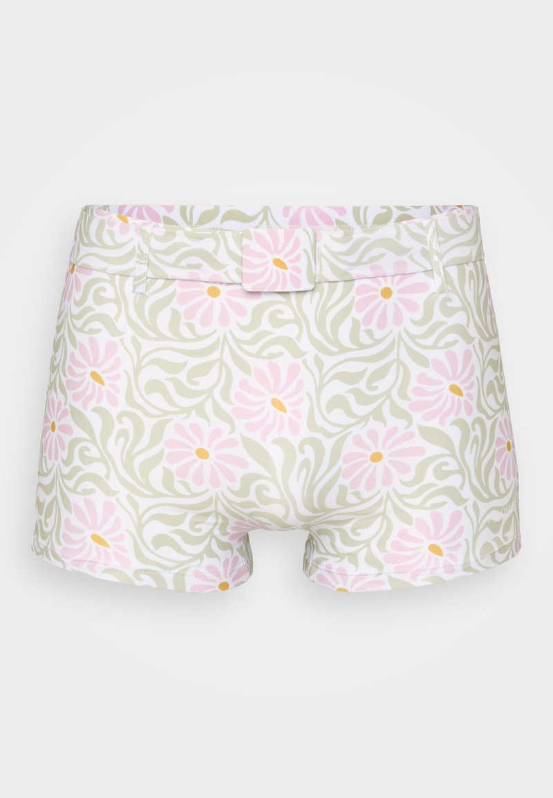 Floral-patterned shorts with a light green background, featuring pink flowers and yellow centers. Fitted design with a waistband and belt detail.