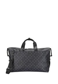 Czarna torba podróżna w kratkę wykonana z teksturowanego materiału, wyposażona w dwie górne rączki oraz odpinany pasek na ramię dla większej wszechstronności.