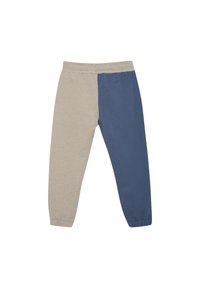 Hellgraue und dunkelblaue Jogginghosen mit einem elastischen Bund und Bündchen an den Knöcheln; verfügen über ein Farbblockdesign mit glatter Textur.
