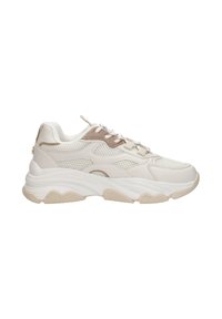 White athletic sneakers with beige accents, mesh and leather materials, thick textured soles, and lace-up design for secure fit.