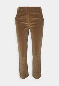 Bruine corduroy broek met een slim fit ontwerp, rechte pijpen en een gladde textuur. Heeft een enkele voornaad en riemlussen.