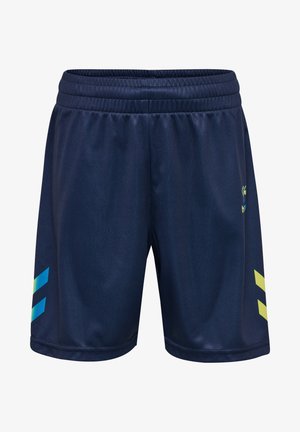 Marineblaue Sportshorts aus glattem Stoff, mit einem elastischen Bund und grünen sowie blauen Streifen an den Seiten.