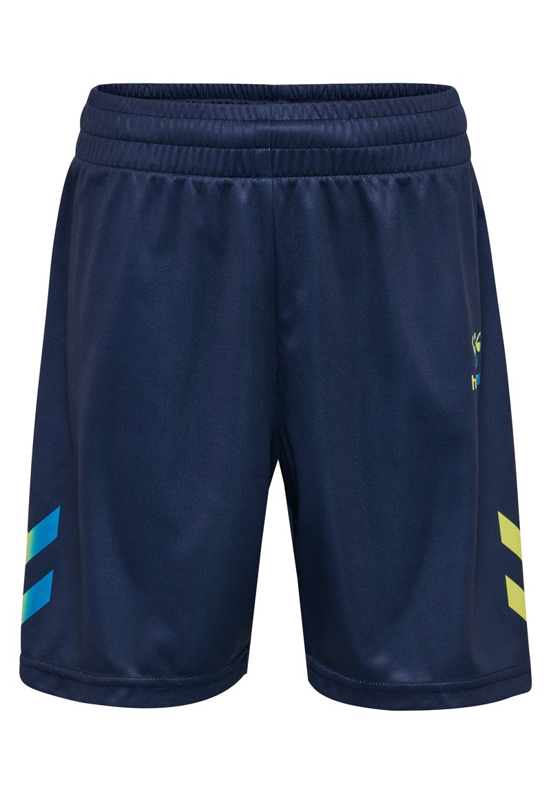 Marineblauwe sportshorts van gladde stof, met een elastische tailleband en groene en blauwe streepaccenten aan de zijkanten.
