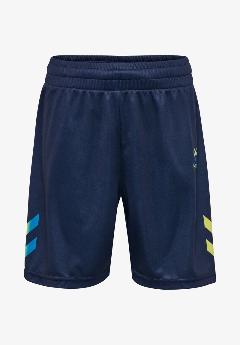 Marineblauwe sportshorts van gladde stof, met een elastische tailleband en groene en blauwe streepaccenten aan de zijkanten.