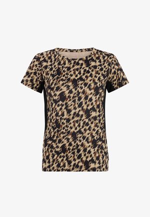 Short-sleeve women's top with beige, brown, and black leopard print pattern and black side panels, round neckline.