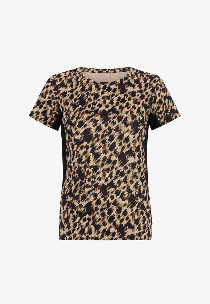 Dames top met korte mouwen in beige, bruin en zwart luipaardprint, met zwarte zijkanten en een ronde hals.