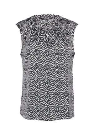 Ärmelloses Oberteil mit hohem Kragen im schwarz-weißen Zebra-Print, mit einem plissierten Design und einem subtilen Schlüsselloch-Ausschnitt vorne.