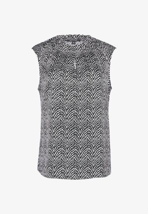 Czarna i biała bluzka bez rękawów z wysokim dekoltem w wzór zebry, z plisowanym designem i subtelnym detalem w postaci otworu z przodu.