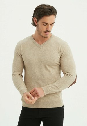 Pull beige à col en V avec des manches longues, texture douce, et un accent marron contrastant sur la manche. Porté avec un pantalon sombre.