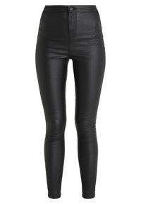 Zwarte faux leren skinny broek met een hoge taille, voorzien van een knoopsluiting en een gladde textuur, ontworpen om nauwsluitend langs de benen te passen.
