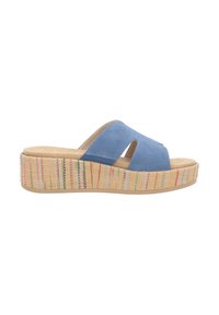 Sandale à enfiler en suede bleu avec une semelle en wedge multicolore texturée et un design à bout ouvert, présentant deux découpes sur le dessus.