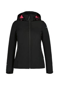 Veste softshell noire avec capuche, fermeture éclair frontale, deux poches latérales et accents roses à l'intérieur de la capuche. Texture lisse, coupe ajustée.