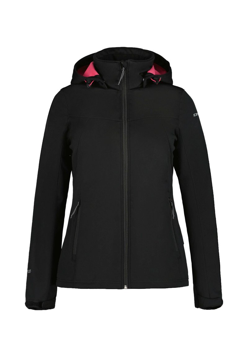 Veste softshell noire avec capuche, fermeture éclair frontale, deux poches latérales et accents roses à l'intérieur de la capuche. Texture lisse, coupe ajustée.