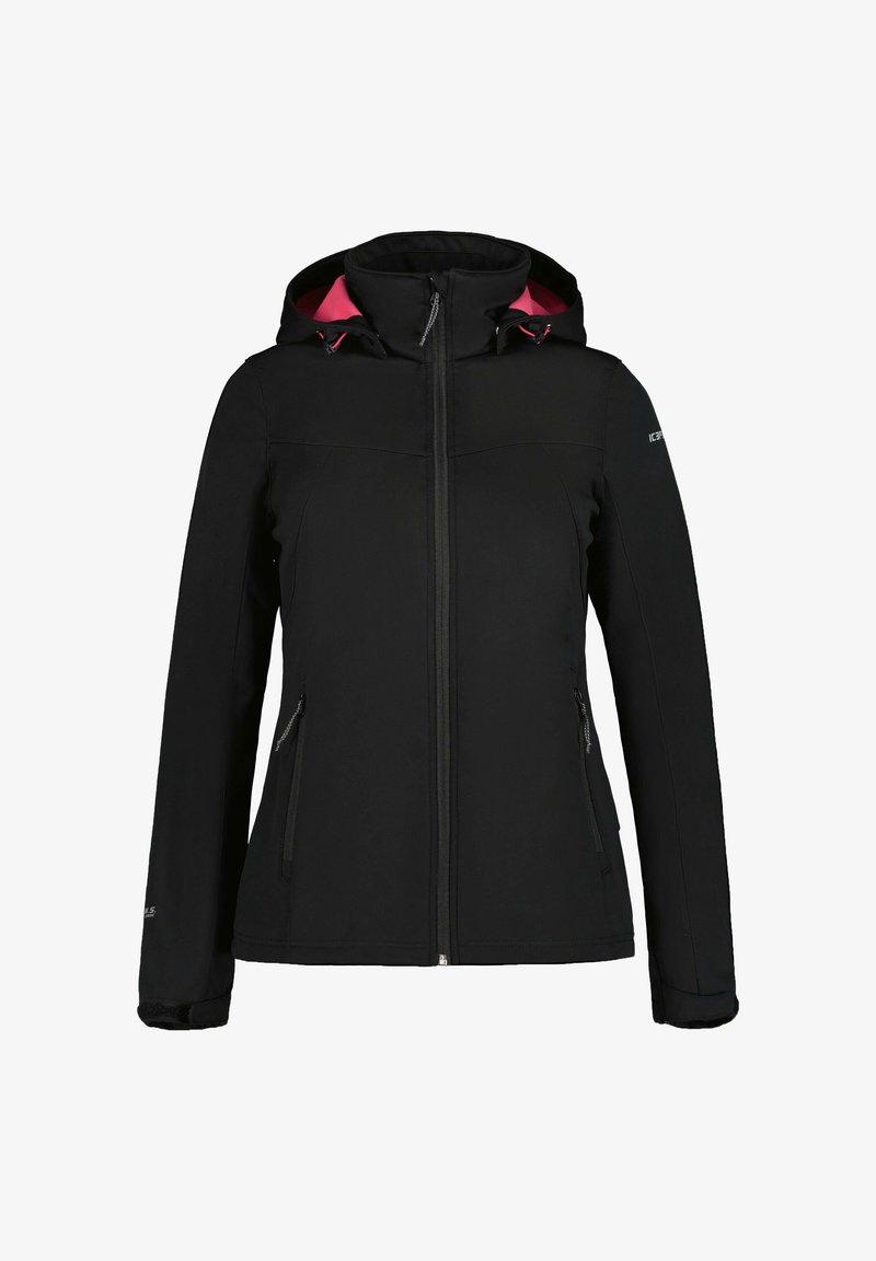 Veste softshell noire avec capuche, fermeture éclair frontale, deux poches latérales et accents roses à l'intérieur de la capuche. Texture lisse, coupe ajustée.