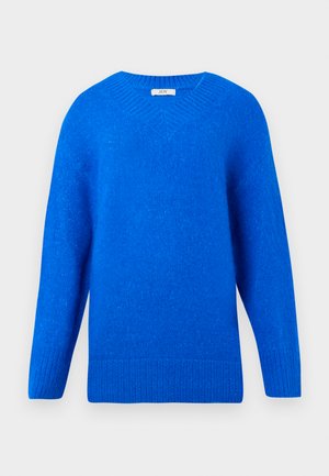 Pullover tricotado azul brilhante com mangas longas e um decote redondo canelado, punhos e barra, apresentado sobre um fundo branco.