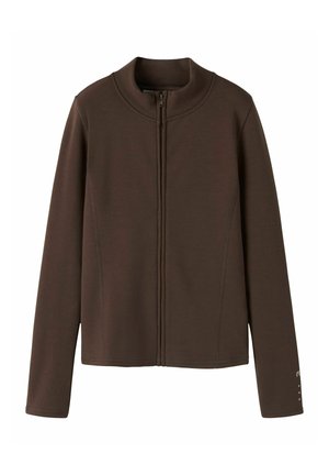 Veste marron à manches longues avec fermeture éclair à l'avant et col montant, en tissu lisse avec des détails subtils de coutures à l'avant et sur les manches.