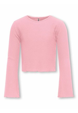 Pink ribbed long-sleeve crop top with round neckline and subtle lettuce-edge hem on sleeves and bottom.