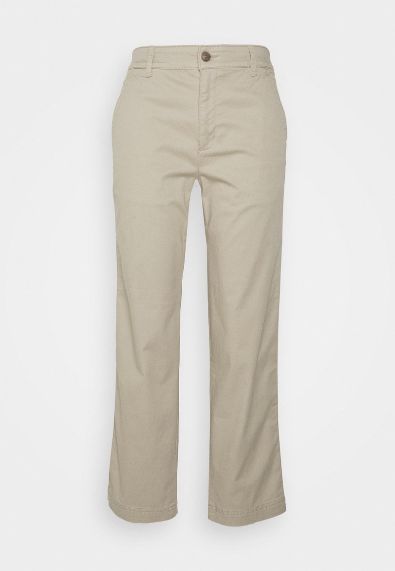 Pantalons en coton beige avec une coupe droite, une fermeture à bouton à l'avant et des poches latérales. Texture lisse et détails de couture soignés.