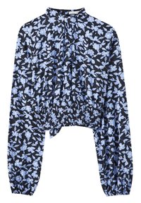 Blouse fleurie à manches longues, base noire avec motif floral bleu clair. Présente un ourlet élastique froncé et un col montant.
