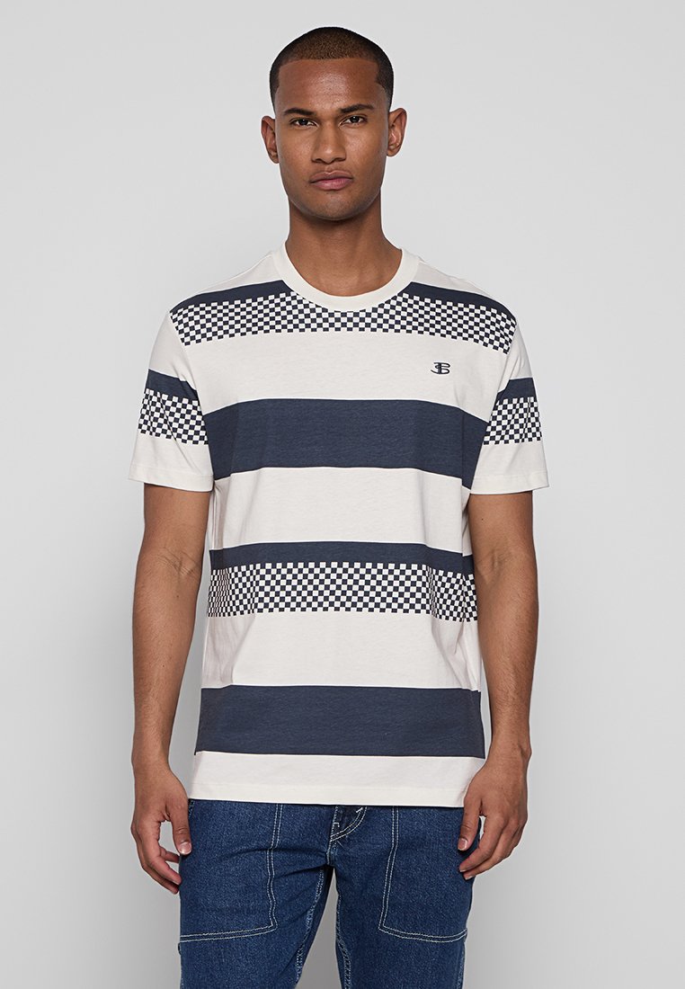 Korte mouwen t-shirt in crème met marineblauwe strepen, met een geruit patroon en logo op de borst. Katoenmengsel, relaxed fit.