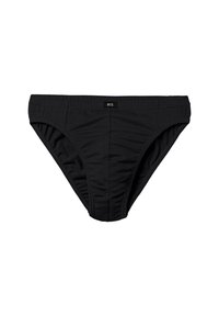 Schwarze Baumwollshorts mit gerafften Seiten und elastischem Bund. Mit einem kleinen Etikett vorne. Glatte Textur und weit geschnittenes Design.