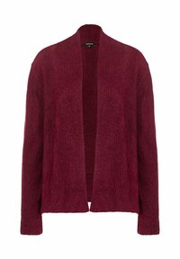 Bordeauxfarbener Strickcardigan mit offener Vorderseite, langen Ärmeln, geripptem Muster und lockerer Passform. Ohne Verschlüsse oder zusätzliche Verzierungen.