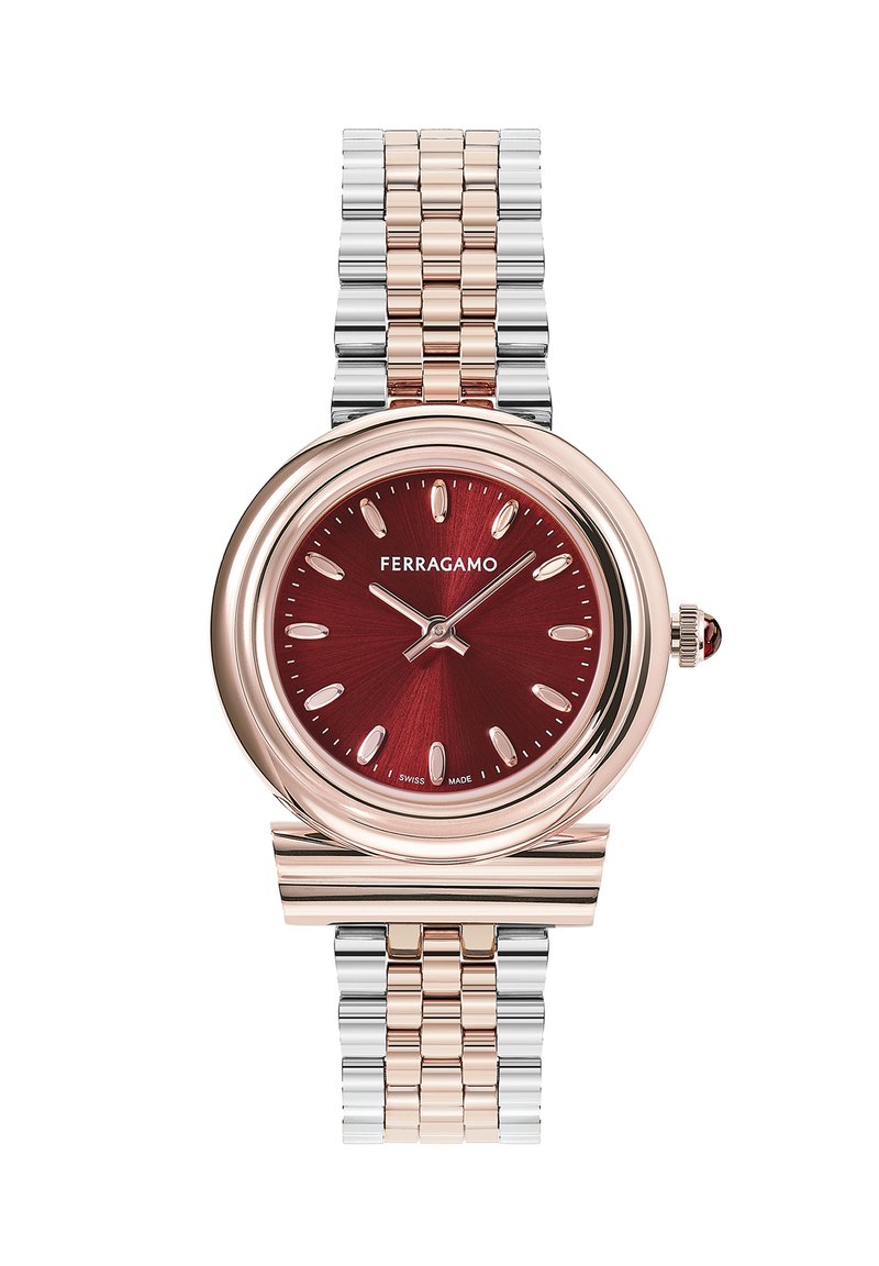 Ferragamo-klocka med en rund bourgognefärgad urtavla, boett i roséguld, armband i silver och roséguld, samt distinkta timmarkörer.