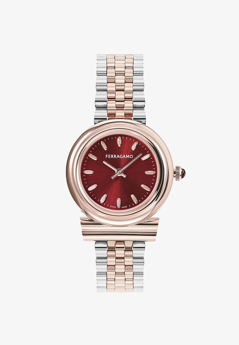 Ferragamo Uhr mit einem runden burgunderfarbenen Zifferblatt, einem Roségold-Gehäuse, einem Armband aus Silber und Roségold sowie markanten Stundenmarkierungen.