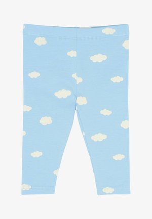 Světle modré legíny vyrobené z měkké bavlny s celoplošným vzorem bílých mraků. Mají elastický pás a zakončení nohavic.