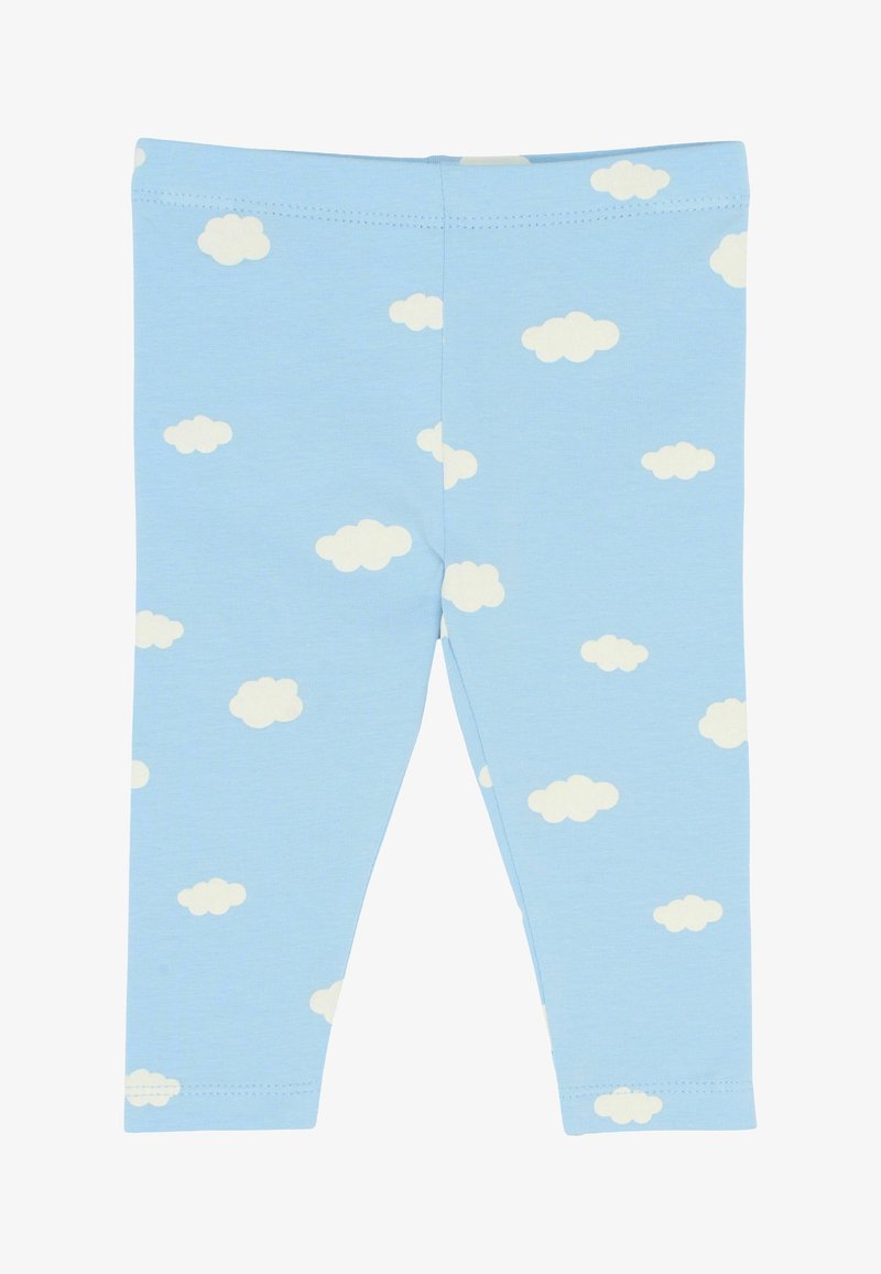 Svijetloplave tajice od mekog pamuka s uzorkom bijelih oblaka po cijeloj površini. Imaju rastezljivi pojas i obrubljene manžete.