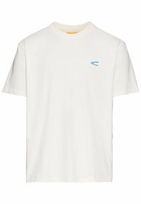 Weißes Baumwoll-T-Shirt mit lockerer Passform, kurzen Ärmeln, Rundhalsausschnitt und einem kleinen blauen Logo auf der Brust. Weicher Stoff, minimalistisches Design.