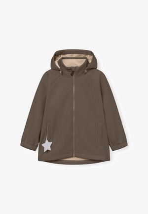 Brūna kapuce ar bēša iekšējo oderi, ar priekšējo rāvējslēdžu, divām sānu kabatām un zvaigznes formas birku detaļu.