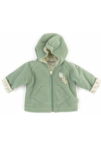 Giacca in pile verde con cappuccio, zip frontale, due tasche e rivestimento decorato. Presenta un dettaglio applicato a forma di aquilone sul petto.