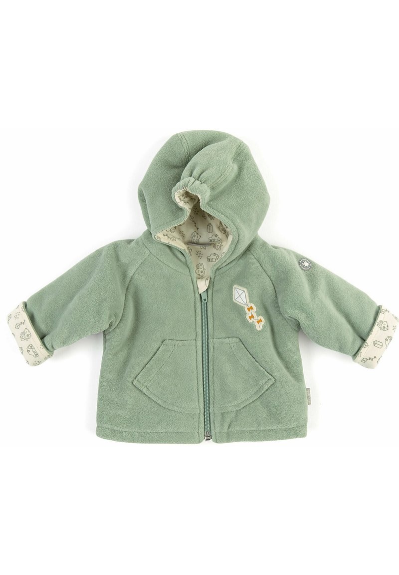 Giacca in pile verde con cappuccio, zip frontale, due tasche e rivestimento decorato. Presenta un dettaglio applicato a forma di aquilone sul petto.