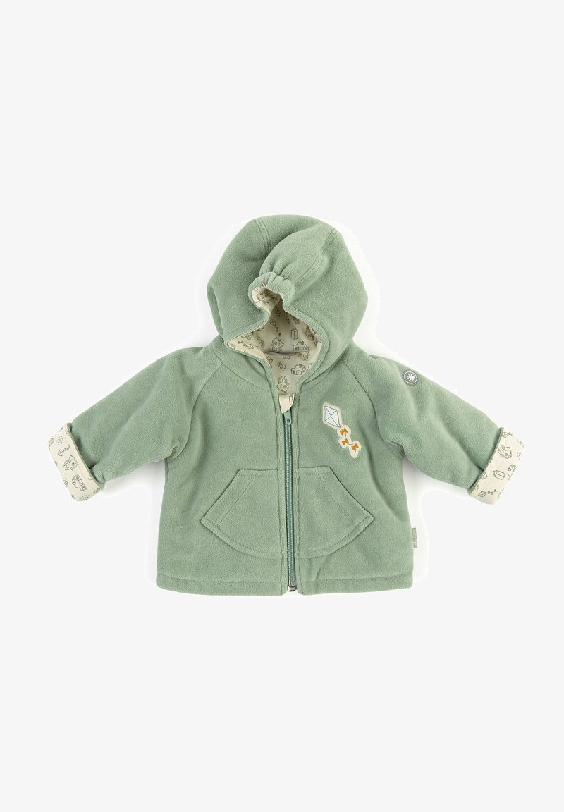 Grüne Fleecejacke mit Kapuze, Frontreißverschluss, zwei Taschen und gemusterem Innenfutter. Hat ein Applikationsdetail in Form eines Drachens auf der Brust.