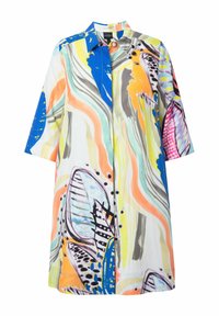 Abito a maniche corte in tessuto leggero con un vivace motivo astratto multicolore, arricchito da accenti blu, arancioni e verdi.