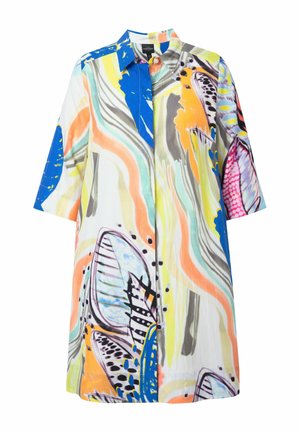Vestido de manga corta en tejido ligero con un vibrante patrón abstracto multicolor con acentos en azul, naranja y verde.