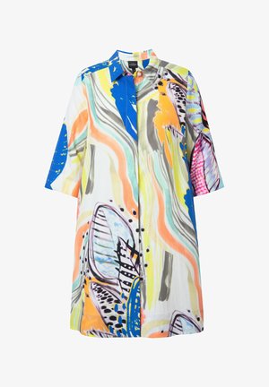 Korte mouwen jurk van lichtgewicht stof met een levendig meerkleurig abstract patroon en blauwe, oranje en groene accenten.