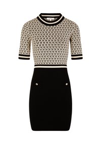 Black and cream knit dress featuring a short-sleeve top with logo pattern, solid black skirt, and two pockets with decorative buttons.