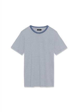 Svītrains T-krekls gaismas zilā un tumši zilā krāsā, īsām piedurknēm, apaļu kaklu, mīksta auduma, ar horizontālām svītrām un vienkrāsainu apkakli.