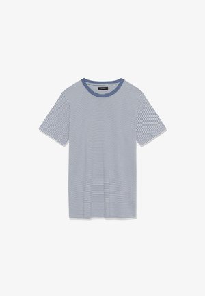 Svītrains T-krekls gaismas zilā un tumši zilā krāsā, īsām piedurknēm, apaļu kaklu, mīksta auduma, ar horizontālām svītrām un vienkrāsainu apkakli.