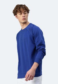 Felpa blu reale con maniche lunghe a raglan, scollatura rotonda e polsini a costine. Tessuto morbido e texturizzato, indossata su pantaloni bianchi.