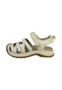 Hvide sandaler med justerbare remme, polstret sål, gummisål og en logoaccent. Har et elegant design og åben tå struktur.