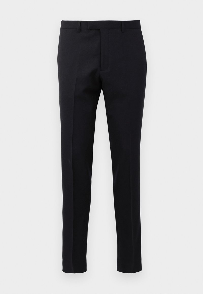 Schwarze Anzughose aus glattem Stoff, mit taillierter Schnittführung, geraden Beinen, Gürtelschlaufen und flachem Vorderteil.