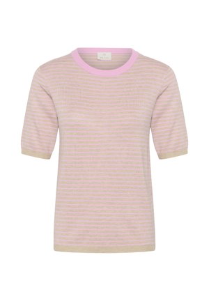 Haut en tricot à manches courtes avec fines rayures horizontales roses et beiges et encolure ronde côtelée rose.