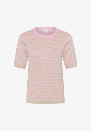 Īsām piedurknēm adīta blūze ar plānām horizontālām rozā un bēšām svītrām un rozā ribota apaļu kakla izgriezumu.