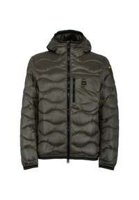 Geplüsches olivgrünes Jacket mit Kapuze, Reißverschluss vorne und einer Brusttasche. Verfügt über gerippte Bündchen und eine glatte, glänzende Textur.