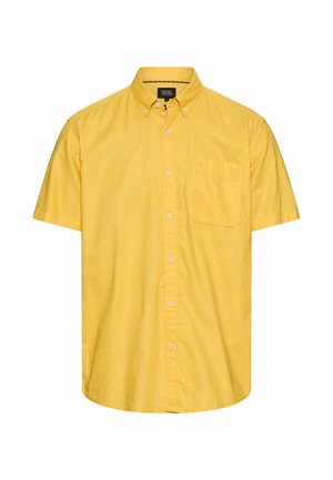 Gelbes Kurzarmhemd mit Brusttasche und geknöpftem Kragen, auf weißem Hintergrund dargestellt.