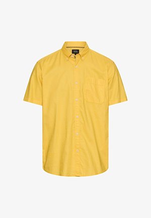 Gelbes Kurzarmhemd mit Brusttasche und geknöpftem Kragen, auf weißem Hintergrund dargestellt.
